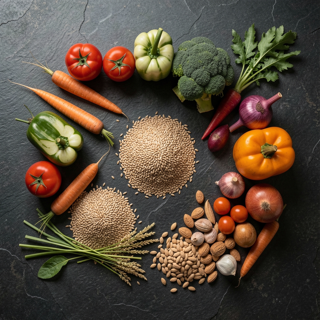 Wide editorial still life of seasonal vegetables and grains arranged on a dark stone surface in natural side light, overhead composition
